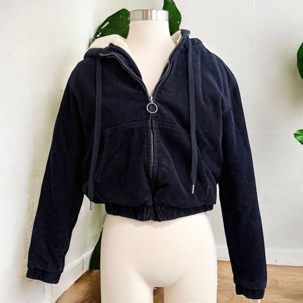 Forever 21 Corduroy Blue Navy Cream Bomber Aviator Sherpa Shearling Coat Jacket